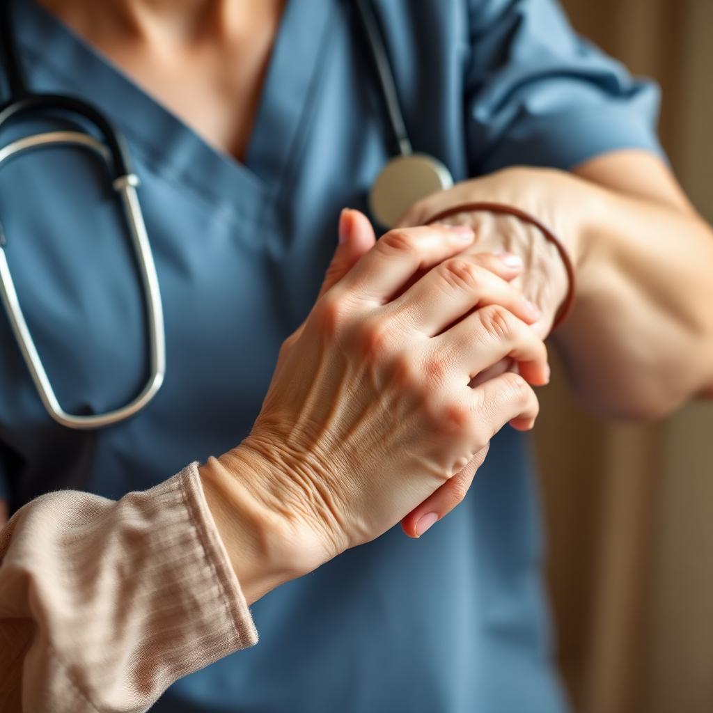 Mains d'une infirmière tenant celles d'une patiente